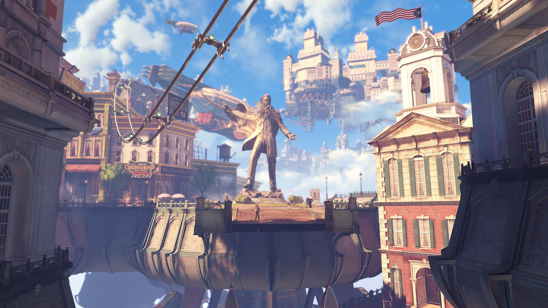 a screenshot of the floating sky city of columbia in bioshock infinite