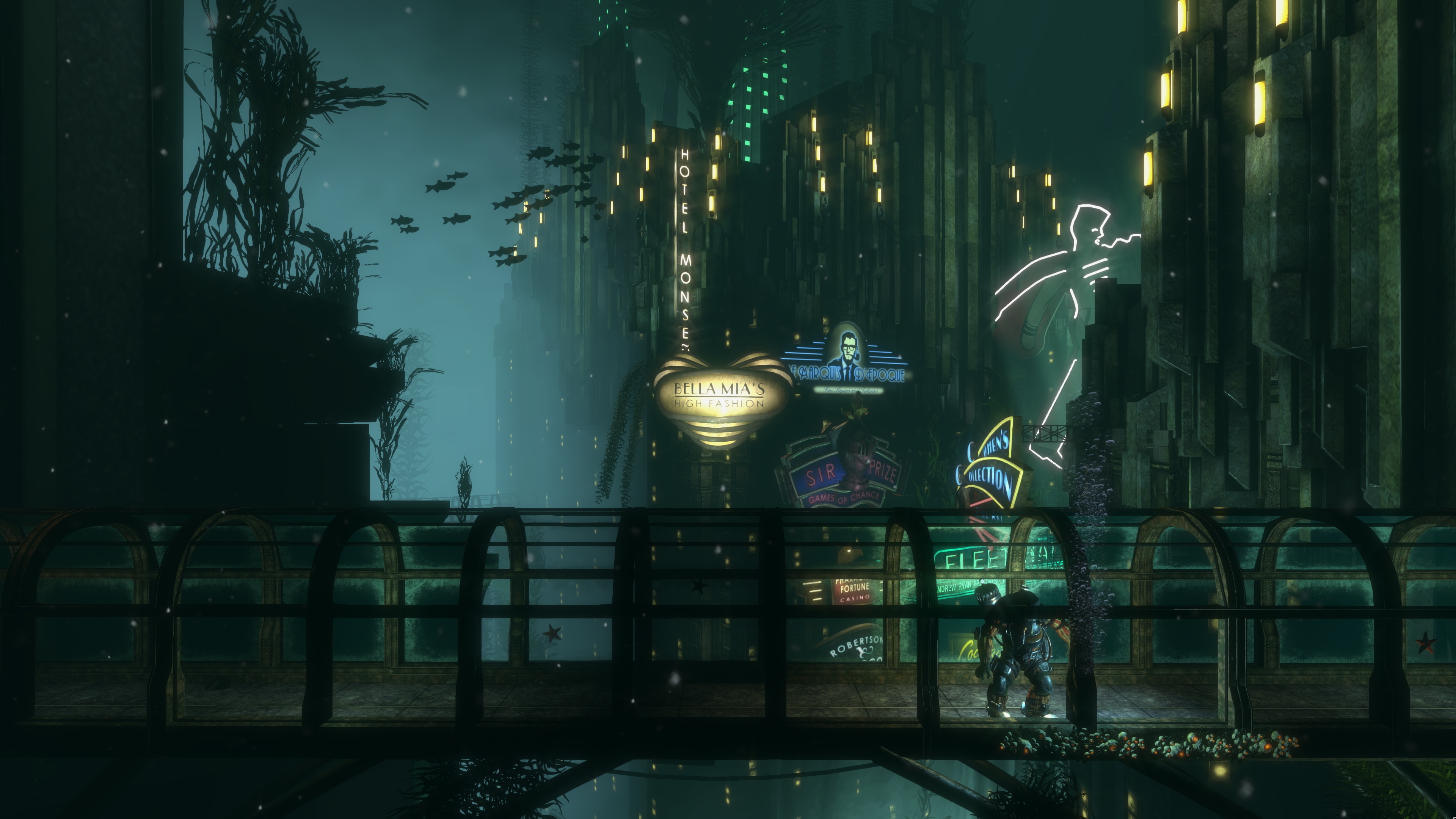 a screenshot of the underwater city of rapture in bioshock